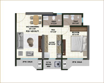 1 BHK - Type 1
              Flat no. 01 & 10 | RCA - 420 sq. Ft.
              